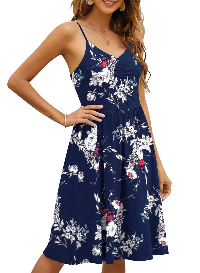 YATHON Casual Dresses for Women Sleeveless Cotton Summer Beach Dress A Line Spaghetti Strap Sundresses with Pockets (XL, YT090-Navy Floral 01) - Image 4